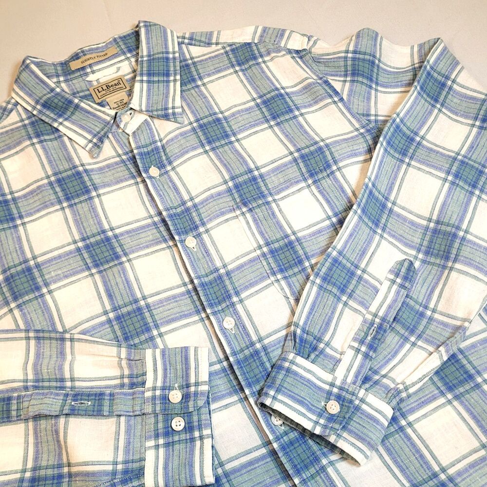 LL Bean Slightly Fitted 100% Linen Mens XL Sunwashed Blue Tartan Plaid Shirt